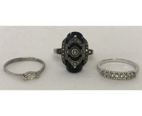 3 stone set silver and white metal dress rings. An Art Deco style set with half cylinder cut onyx and silver overlay set with