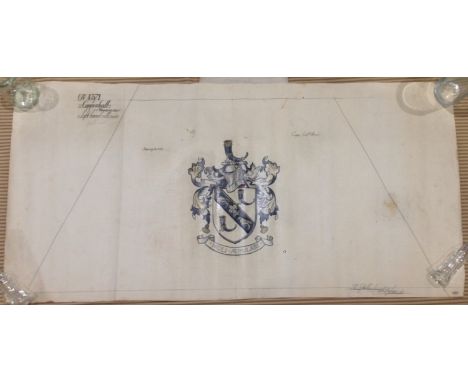 Pencil &amp; Watercolour stained glass Cartoon of the Cope Coat of Arms by Thomas William Camm (attrib.) With drinking horns 