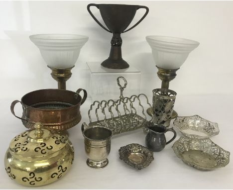 A collection of silver, silver plate, brass and copper items. To include a silver beaker sleeve with grape and grapevine pier
