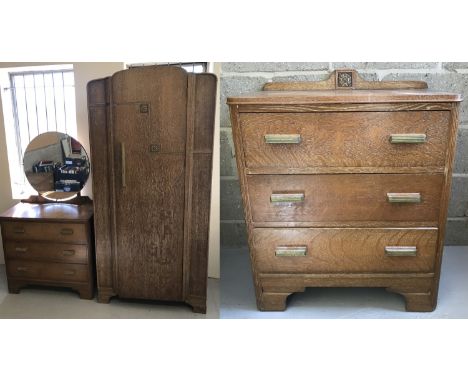 An Art Deco limed wash oak bedroom suite. Comprising: single wardrobe, 3 drawer chest of drawers and a 3 drawer dressing ches