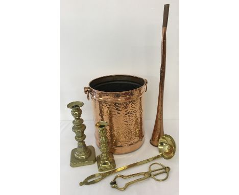 A small collection of vintage copper and brass items to include candle sticks, ladle &amp; coal scissors  