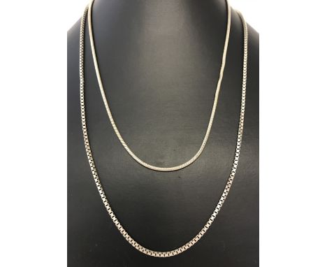 2 silver chain necklaces. A 20"box chain and a 17" snake chain. Both marked 925 to fixings and clasps. Total weight approx. 2