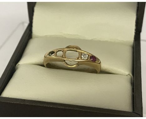 A vintage 18ct gold scrap ring. Set with a white sapphire and a ruby. 3 stones missing from ring. Size M½. Selling on behalf 