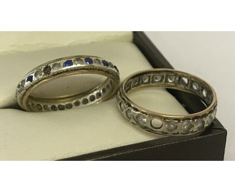 2 vintage 9ct gold stone set full eternity rings suitable for scrap or repair. One set with clear stones the other with clear