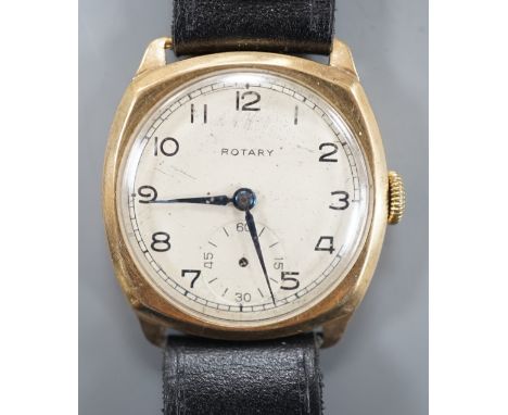 A gentleman's 1930's? 9ct gold Rotary manual wind wrist watch, on associated leather strap.
