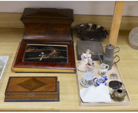 A mahogany veneered sarcophagus shaped tea caddy, a Japanese lacquer album, together miscellaneous ceramics glass etc,tea cad
