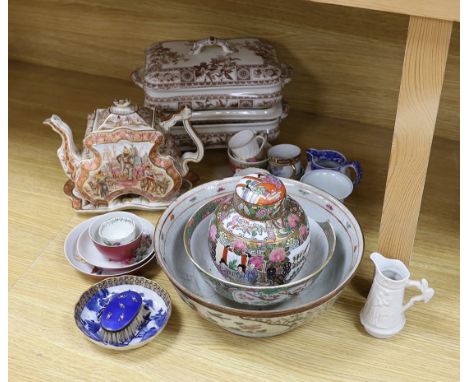 A group of Chinese porcelain, an enamel brush and two Victorian  tureens and covers, a teapot etc,