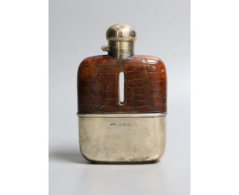 A George V silver and crocodile skin mounted glass hip flask, Charles Westwood &amp; Sons, Birmingham, 1912, 12.5cm.