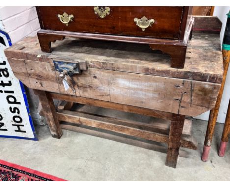 A vintage pine workbench with vice, width 122cm, depth 53cm, height 87cm