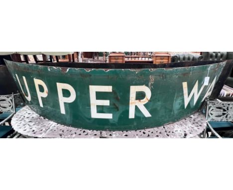 A vintage green and white enamelled railway platform sign for Upper Warlingham, in two sections, approximately complete lengt