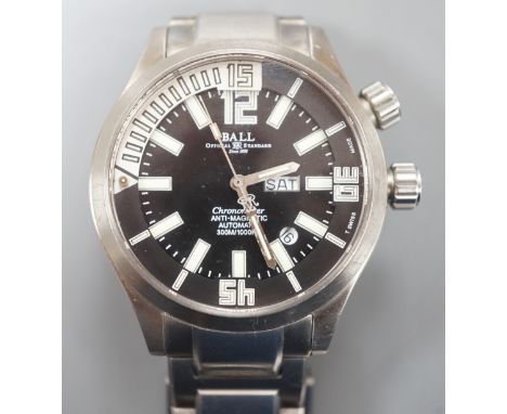A gentleman's modern stainless steel Swiss Ball Watch Co Chronometer automatic wrist watch, with baton numerals and day/date 