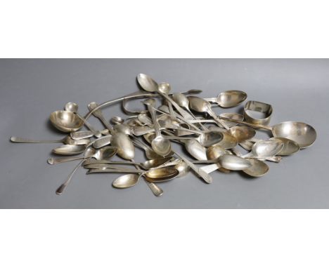 A quantity of mainly 19th century silver teaspoons, various dates and makers and other items including a George III seal top 