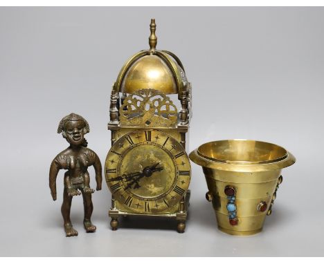 A cabochon-set pail, a 20th century lantern clock and an African cast metal figure