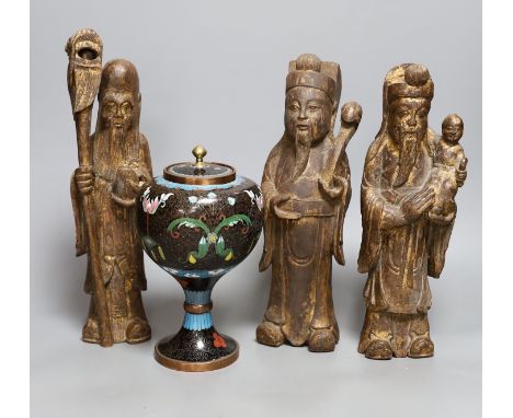 A group of three Chinese giltwood figures of the Star Gods and a Chinese cloisonné  enamel jar, 33cm