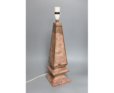 A single pink marble obelisk style desk lamp, 49cm tall