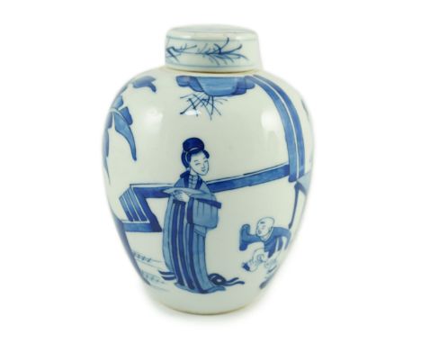 A Chinese blue and white jar and cover, probably Kangxi period,15 cms high, painted with three ladies and a boy in a pavilion