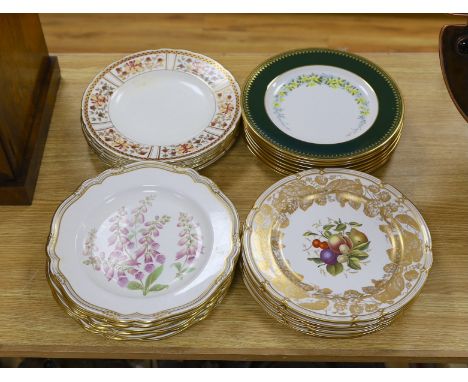 Six Spode fruit dishes, six floral Spode dishes, six Royal Crown Derby "Honeysuckle" pattern plates and nine green Spode flor