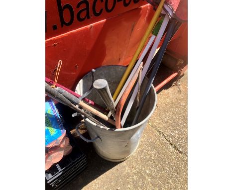 Vintage galvanised dustbin and assorted garden tools