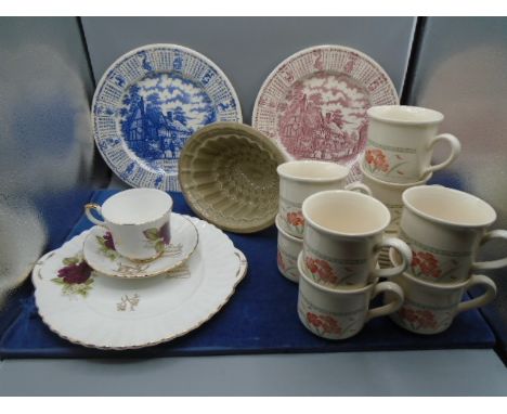Biltons cups and saucers x8, 2 x ironstone calendar plates, Royal Stafford Ruby wedding trio, stone jelly mould and tea cosy