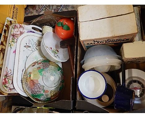 4 boxes of kitchen ware to include serving trays, flats, salad spinner, various bowls, scales etc