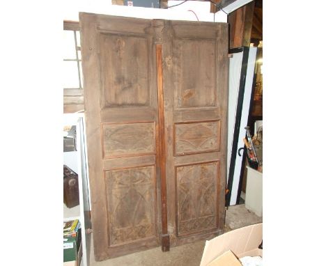 2 Vintage Large Pine Doors / Window Shutters with Carved Panels to Front  81 inches tall 26 wide