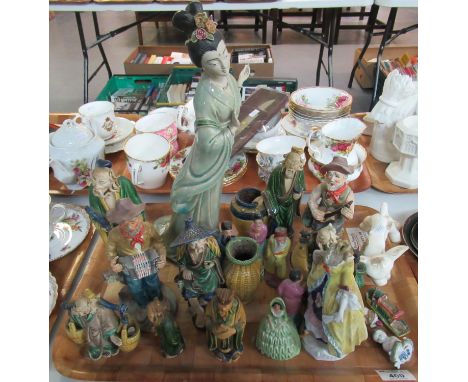 Tray comprising mainly Oriental figurines to include Chinese mudmen, Geisha girl, immortals, Carltonware bell in the form of 