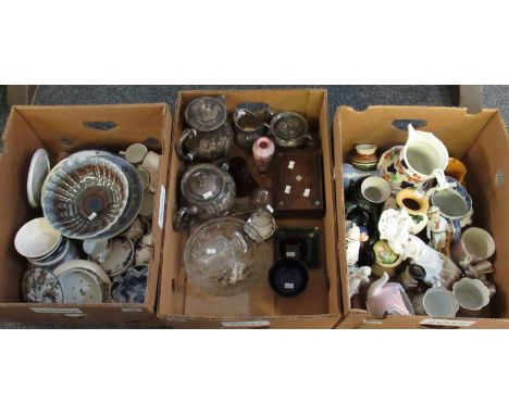 Three boxes of assorted items to include: John Turton hand chased lustre metalware teapot, coffee pot, milk jug and sucriere 