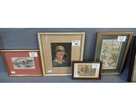 Group of small furnishing pictures including topographical engraving, portrait print, Oriental print, and a small map of Tedd