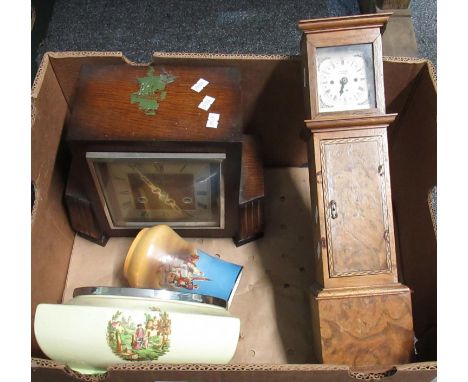 Box containing miniature model of a grandfather clock marked 'W.E.C. Leeds, Colchester', mid 20th century oak cased mantel cl