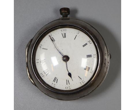 Georgian pear cased silver pocket watch marked G Williams, Carmarthen with fusee movement and Roman enamel face. Lacks suspen