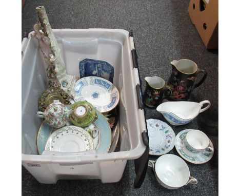 Box of assorted china to include: a Meissen dish saucer with embossed and hand painted decoration inset with jade coloured en