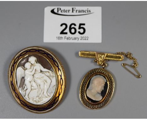 Hardstone cameo brooch set in 9ct gold and a Victorian shell cameo brooch set in yellow metal decorated with blue and white e
