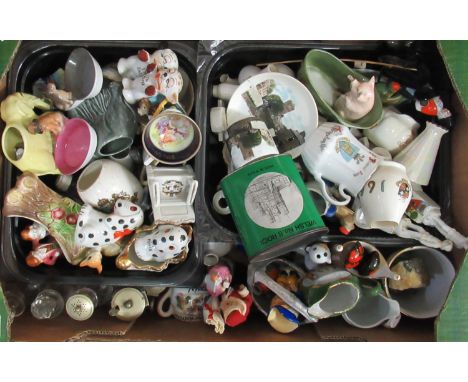 Box of china and glass to include ceramic animals, crested ware, souvenir ware, glass cruet set, etc.(B.P. 21% + VAT) 