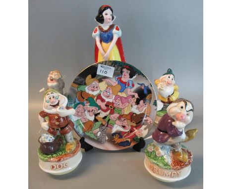 Four Schmid ceramic musical dwarves to include; 'Doc', 'Sneezy', 'Bashful' and 'Grumpy', together with 'Snow White' and a Sno