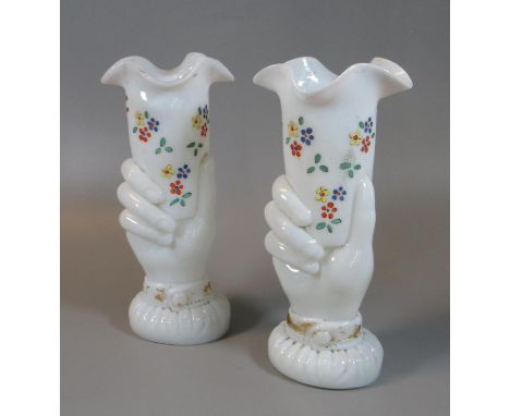 Pair of Victorian white opaline glass and painted enamel floral hand vases. (B.P. 21% + VAT) 