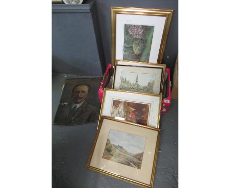 Box of assorted furnishing prints, oil portrait of a gentleman, watercolour study of a garden, etc. (B.P. 21% + VAT)