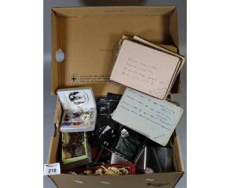 Shoebox of oddments to include; costume jewellery, autograph books with poems, plated hip flask, vintage lighters etc. (B.P. 