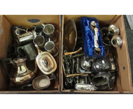 Two boxes of largely metalware items to include: silver plated coffee pot and teapot, pewter tankards, brass fireside trivet,