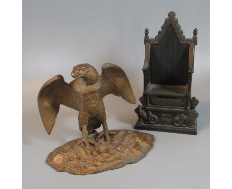 Novelty gilt metal inkwell in the form of an eagle on naturalistic base, together with a cast metal money box in the form of 