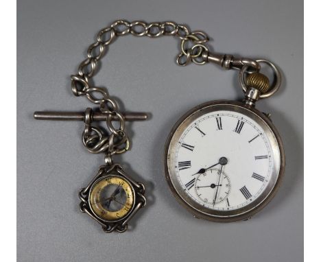 Small, silver keyless pocket watch with Roman enamel face and seconds dial on short silver chain with compass fob.(B.P. 21% +