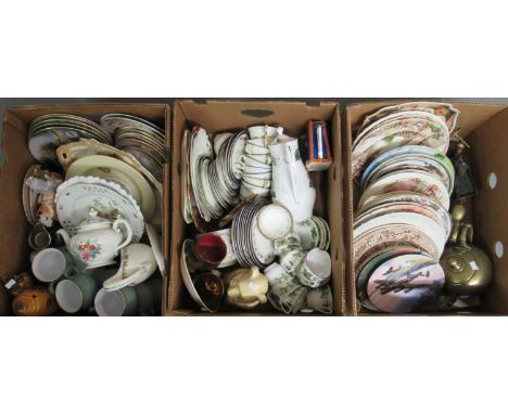 Three boxes of china to include collectors and other plates, various tea ware including Worcester Mathon and Allertons Belmon