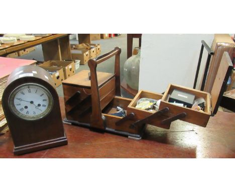 Mid Century folding sewing box with pull out drawers, together with a two train enamel faced mantel clock. (2)(B.P. 21% + VAT