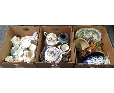 Three boxes of assorted china to include: Foley china part tea ware, hand painted with pastel coloured flowers and trellis to