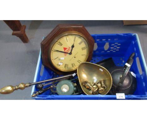 Box of mainly metalware to include: fireirons, companion set, scales with brass pan and weights, cast iron kettle and a Bass 