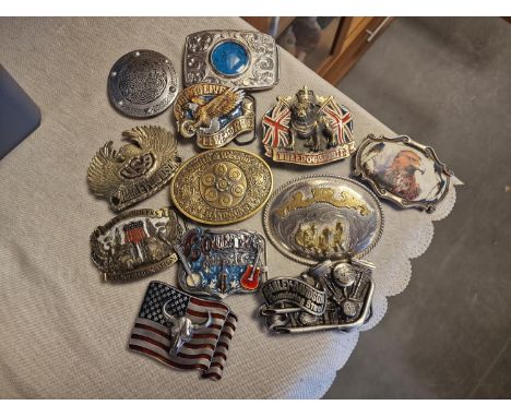 Group of 12 Metallic American Made Belt Buckles inc some 1980's Baron examples + Harley Davidson