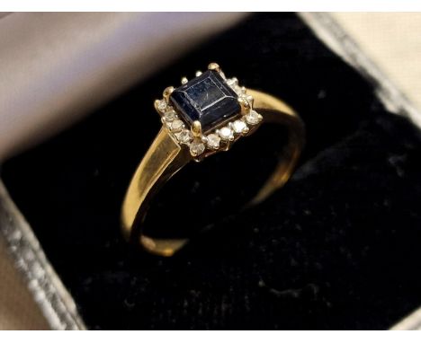 9ct Gold, Diamond &amp; Sapphire Square Cut Dress Ring, 2.5g and size R