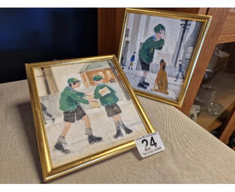 Pair of 1972 Harold Riley (1934-2023) Oil on Board Pictures depicting Schoolboys and Dog - frames 17cmx15cm and 16cmx15cm - P