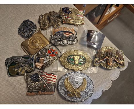 Group of 12 Metallic American Made Belt Buckles inc some 1980's Baron examples + Harley Davidson