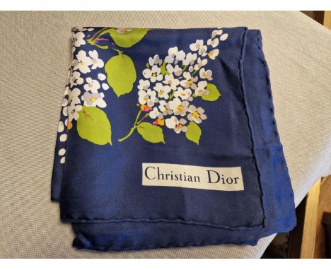 Vintage Christian Dior Dark Blue Floral Silk Shawl - 80cm square