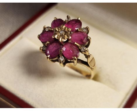 9ct Gold, Ruby &amp; Diamond Cluster Ring, size M+0.5 &amp; 3.7g